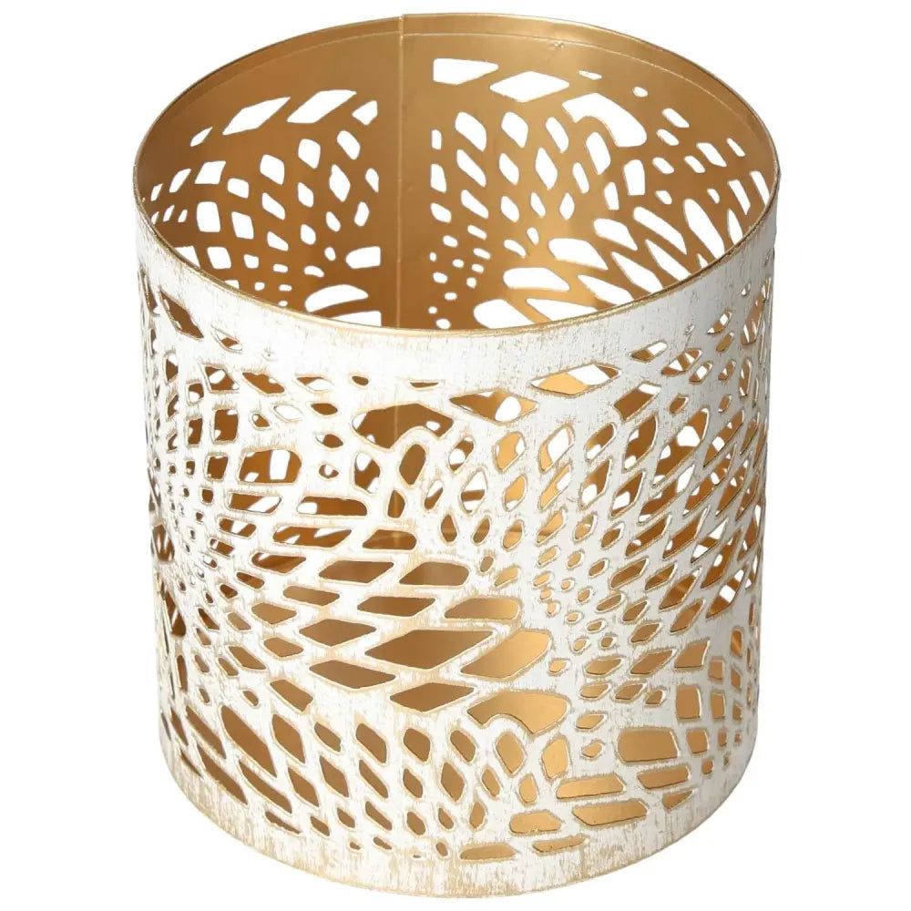 White metal lantern with intricate cutout design, crafted by Sylvia Crystals, ideal for adding elegant ambiance to any decor.