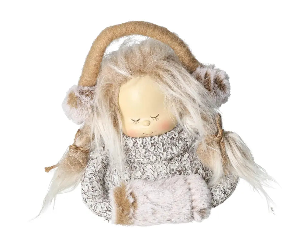 Winter decoration figure in knitted look with earmuffs and braids, enhancing cozy seasonal decor. Sylvia Crystals exclusive.