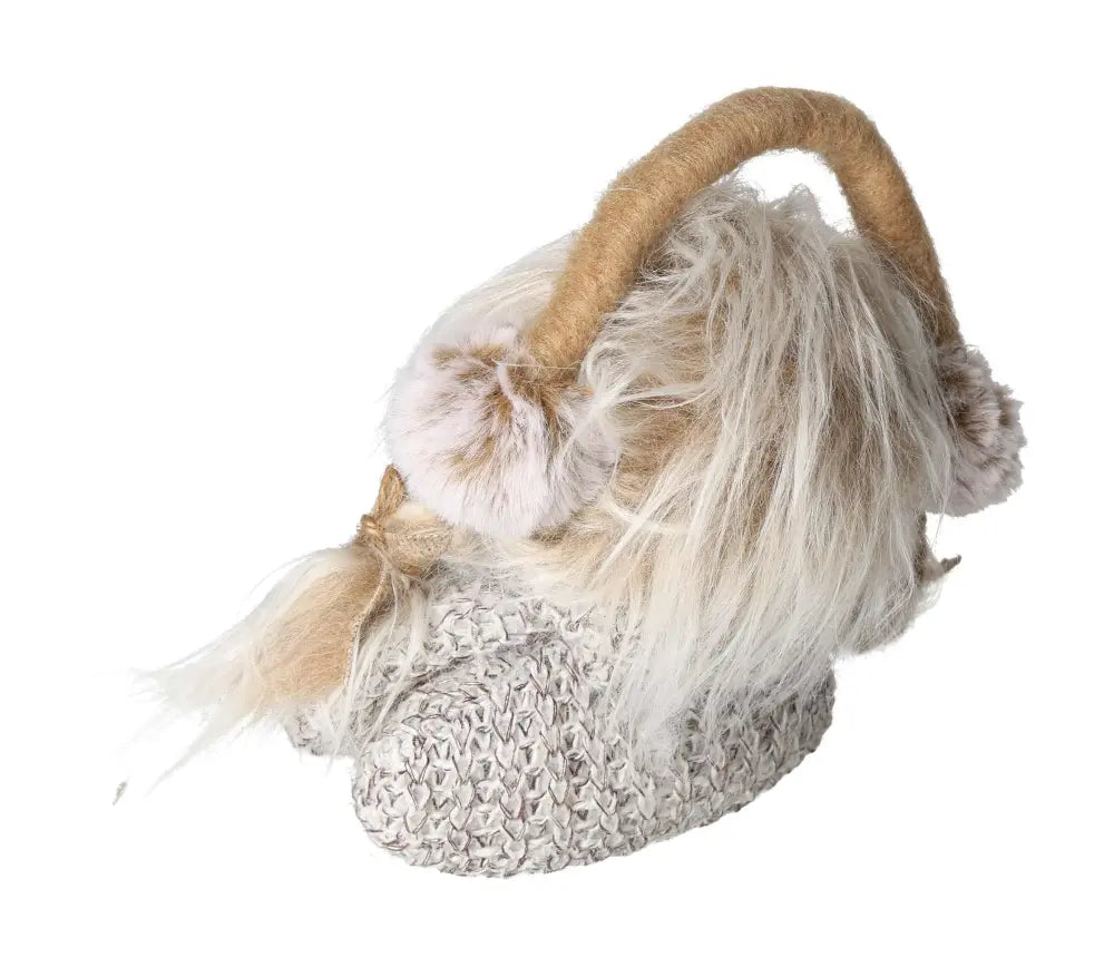 Winter decoration figure in a knitted look with fluffy earmuffs, adding cozy charm to holiday decor by Sylvia Crystals.