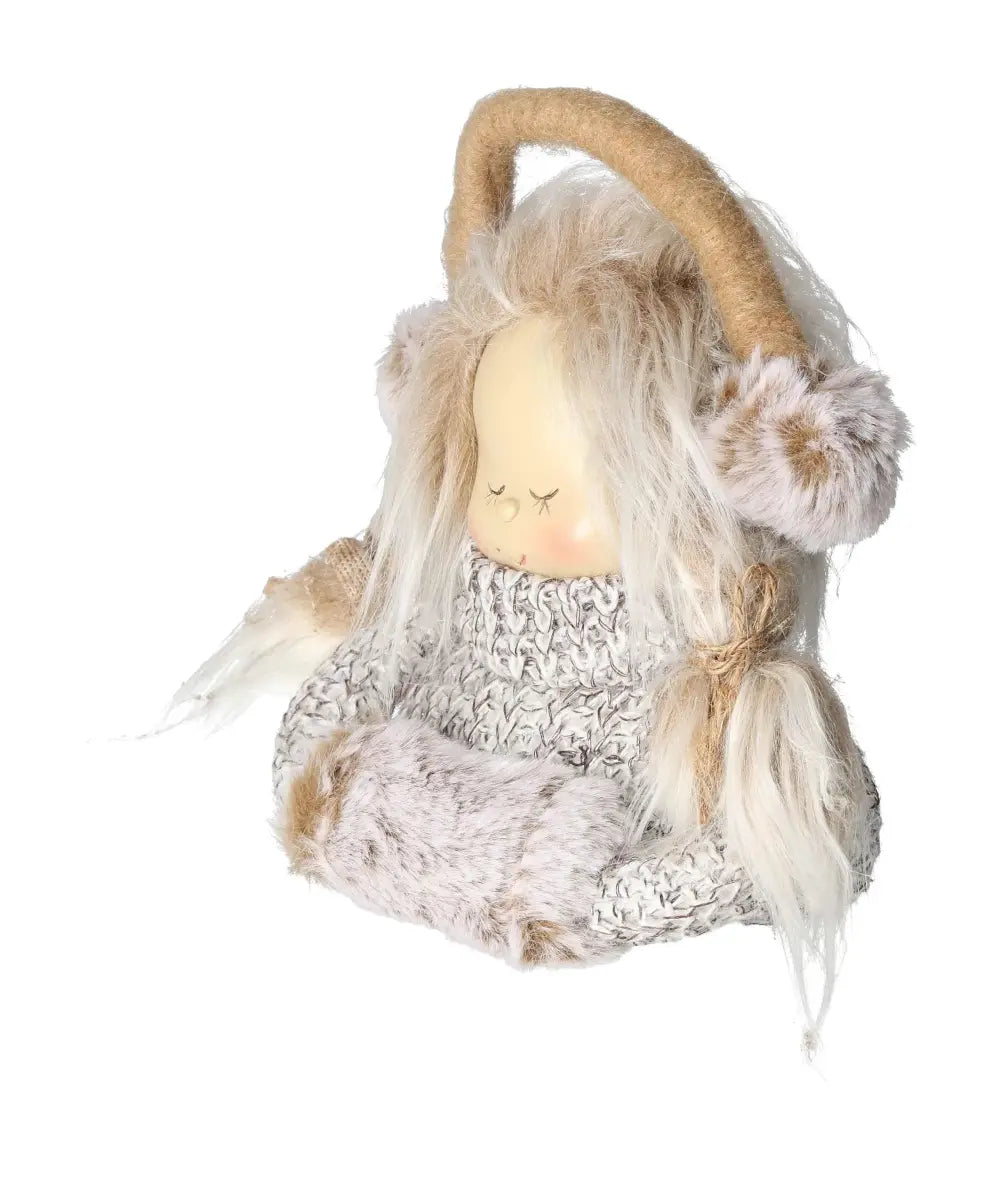 Charming winter decoration figure with a knitted look, featuring cozy earmuffs and fuzzy details, perfect for seasonal decor.