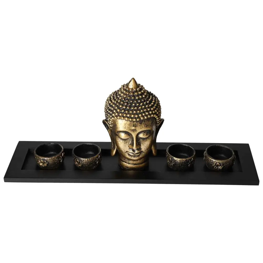 Elegant wooden Buddha tea light holder with black base, featuring gold Buddha head and candle slots, perfect for meditation spaces.