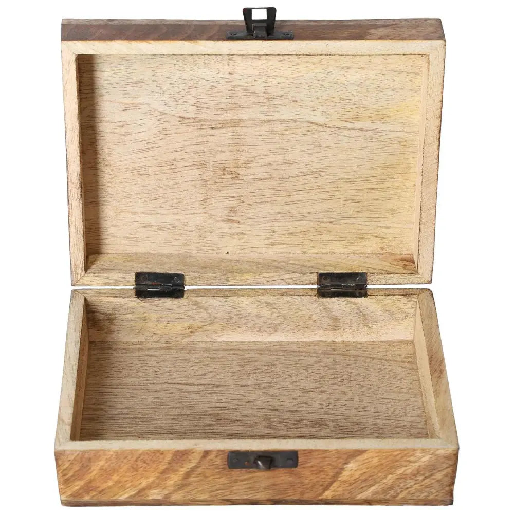 Open wooden jewelry box showcasing handcrafted design, symbolizing luxury and spiritual connection, a Sylvia Crystals masterpiece.