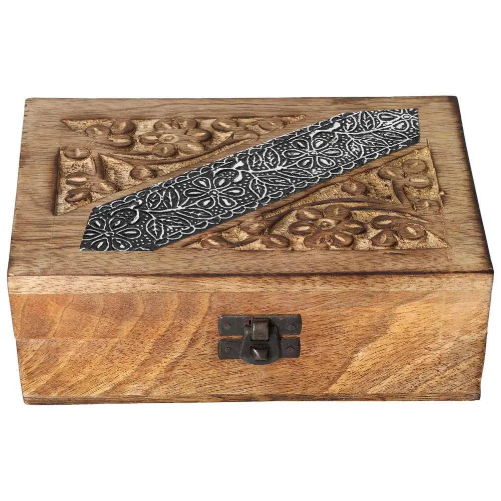 Handcrafted Wooden Jewelry Box with intricate carvings, embodying luxury and spiritual connection, by Sylvia Crystals.