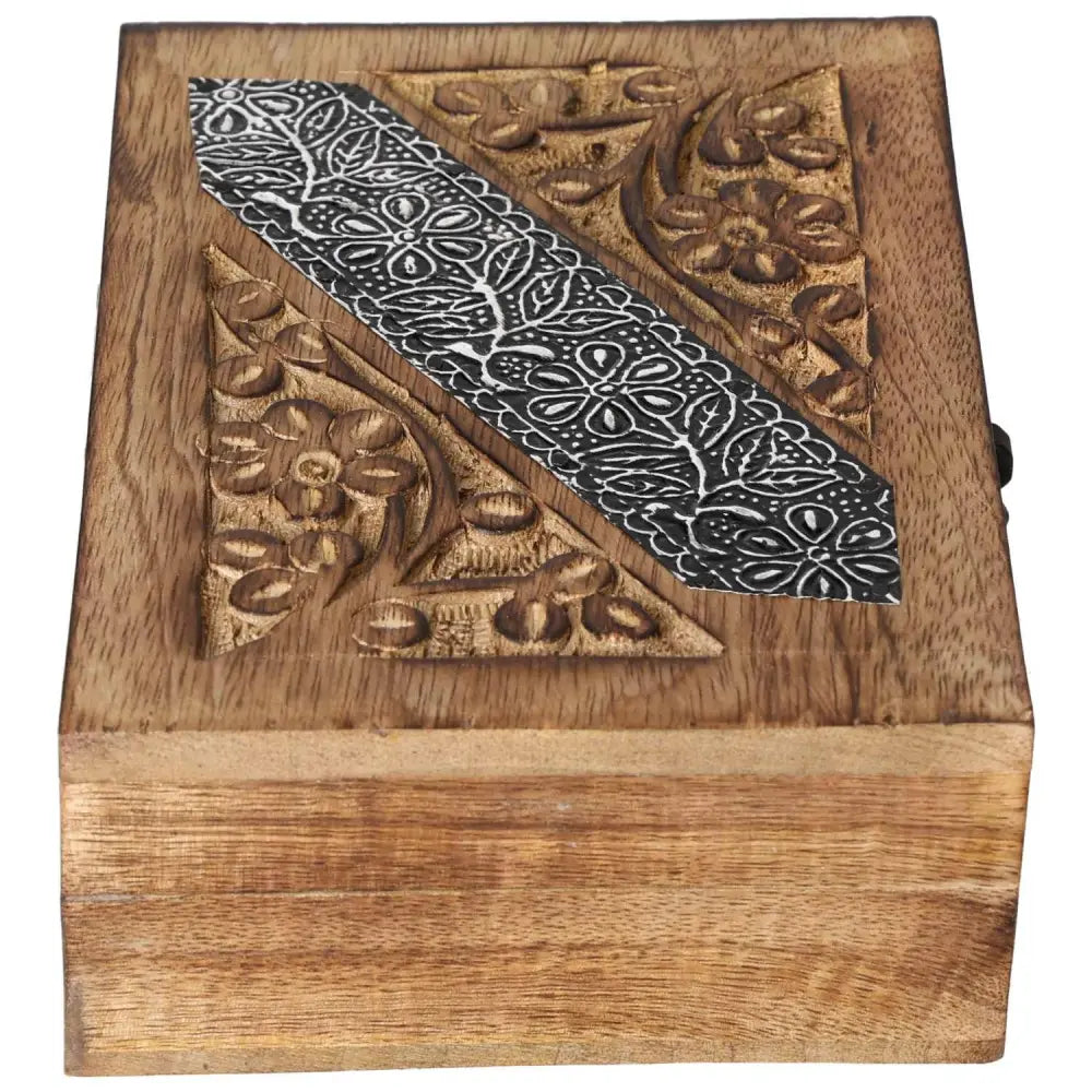 Elegant wooden jewelry box with intricate carvings, handcrafted from premium wood, embodying luxury and spirituality.