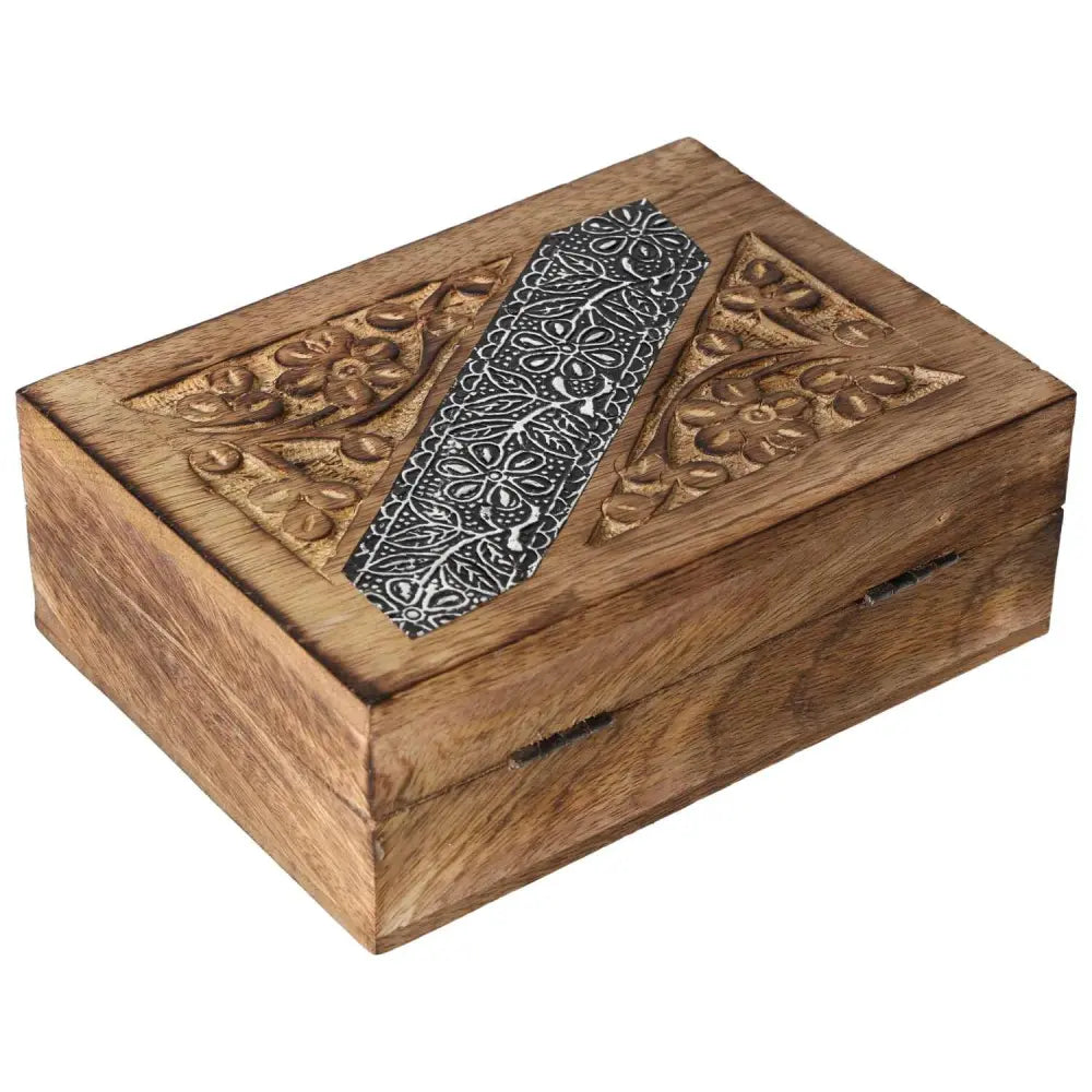 Intricately designed wooden jewelry box by Sylvia Crystals, showcasing elegant carvings and crafted from premium wood for timeless luxury.