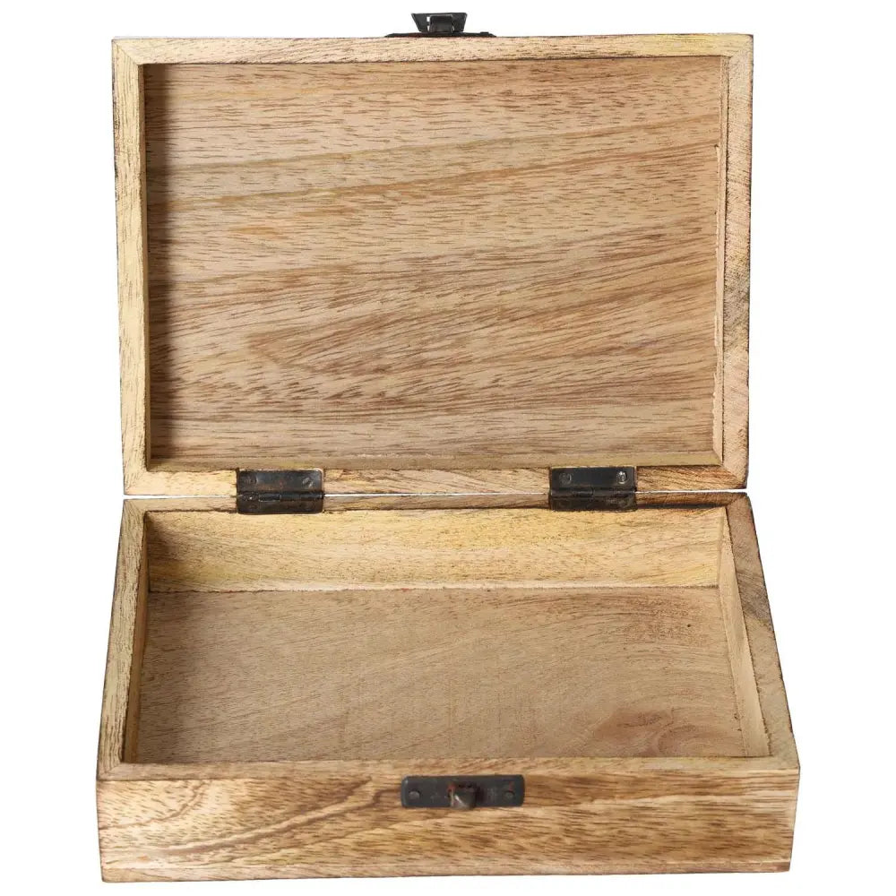 Open wooden jewelry box showcasing elegant craftsmanship and natural harmony, perfect for organizing treasured pieces by Sylvia Crystals.