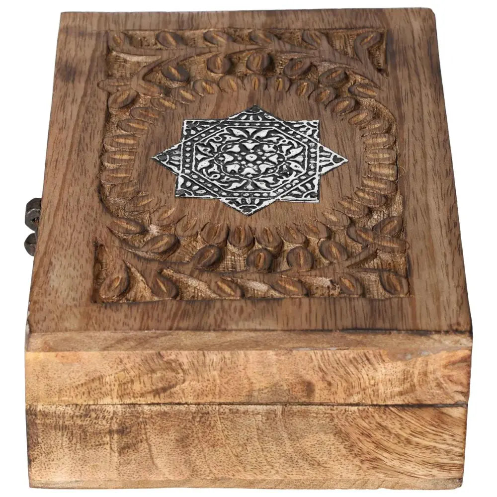 Elegant wooden jewelry box with intricate geometric design by Sylvia Crystals, perfect for organizing treasured jewelry.