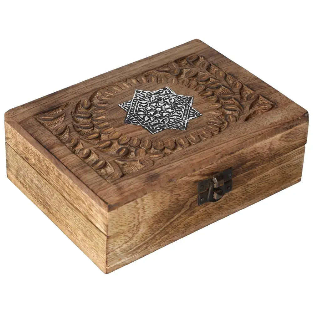 Elegant Wooden Jewelry Box with intricate carvings, inspired by divine geometry, showcasing luxury with natural harmony for treasures.