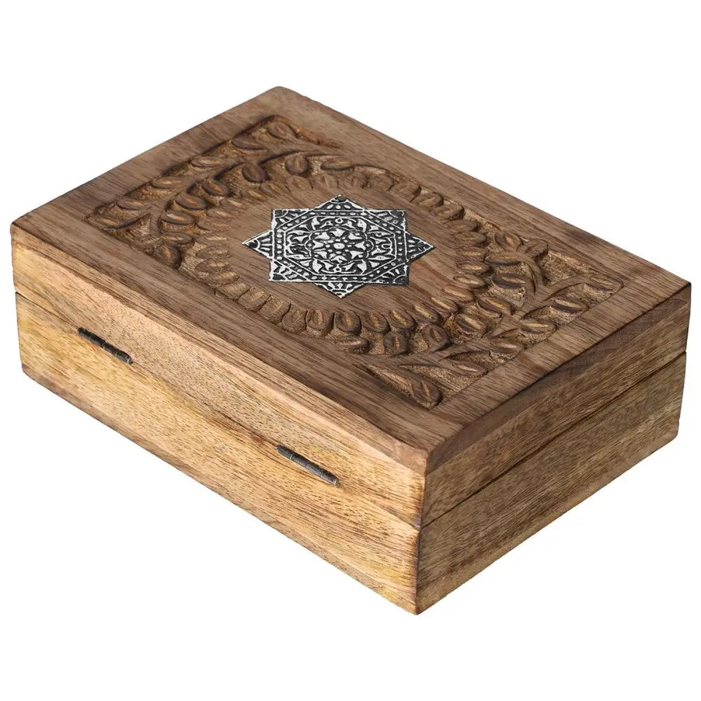 Elegant Wooden Jewelry Box featuring intricate divine geometry design, showcasing Sylvia Crystals' luxury and craftsmanship.
