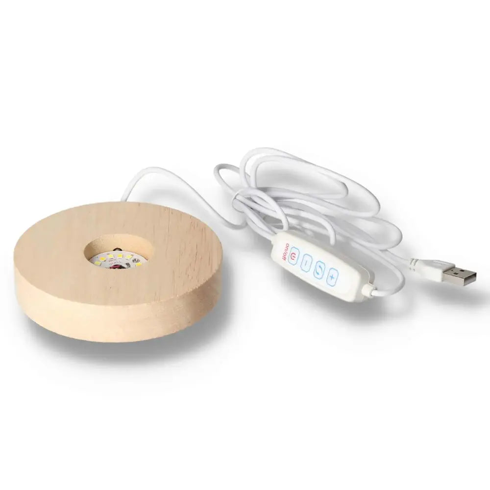 Wooden LED light display with USB power cable and control switch, ideal for ambient lighting solutions in modern interiors.