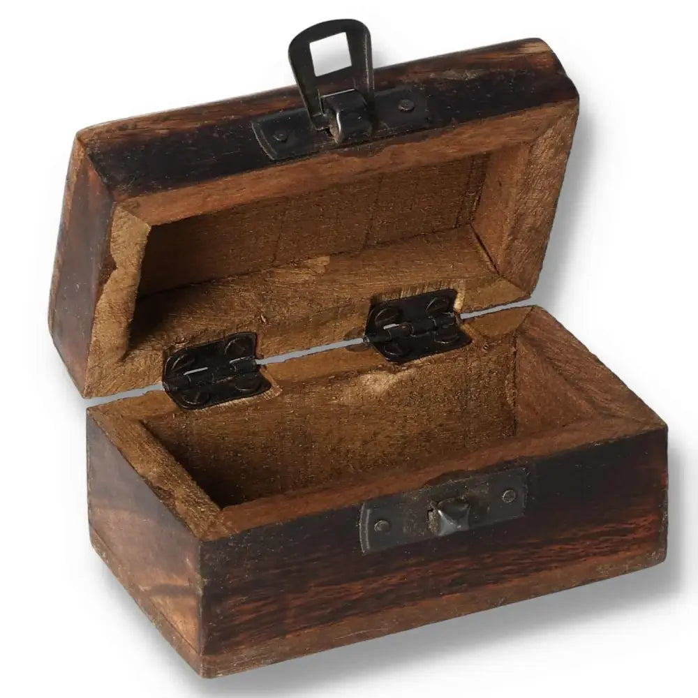 Handcrafted wooden pill box with carved designs, open view, dimensions 9x5x4 cm, featuring a secure latch and hinges, assorted styles.