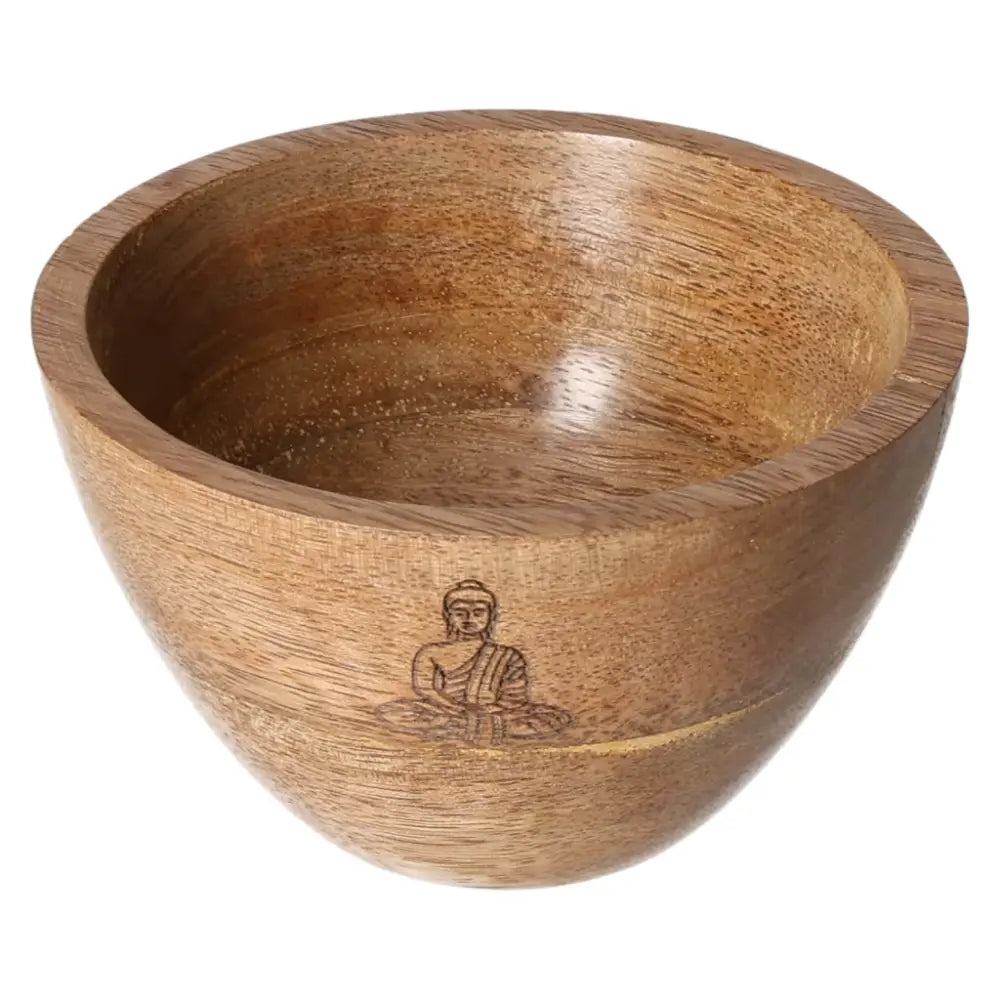 Wooden offering bowl featuring a Buddha design, ideal for rituals and smudging, measuring 11x7cm.
