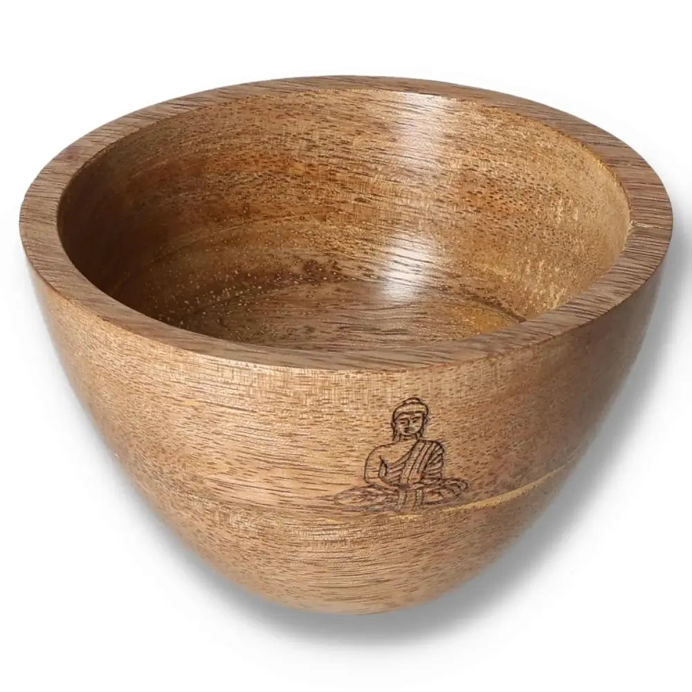 Wooden smudge bowl with Buddha engraving, ideal for ritual offerings, measuring 11x7cm.