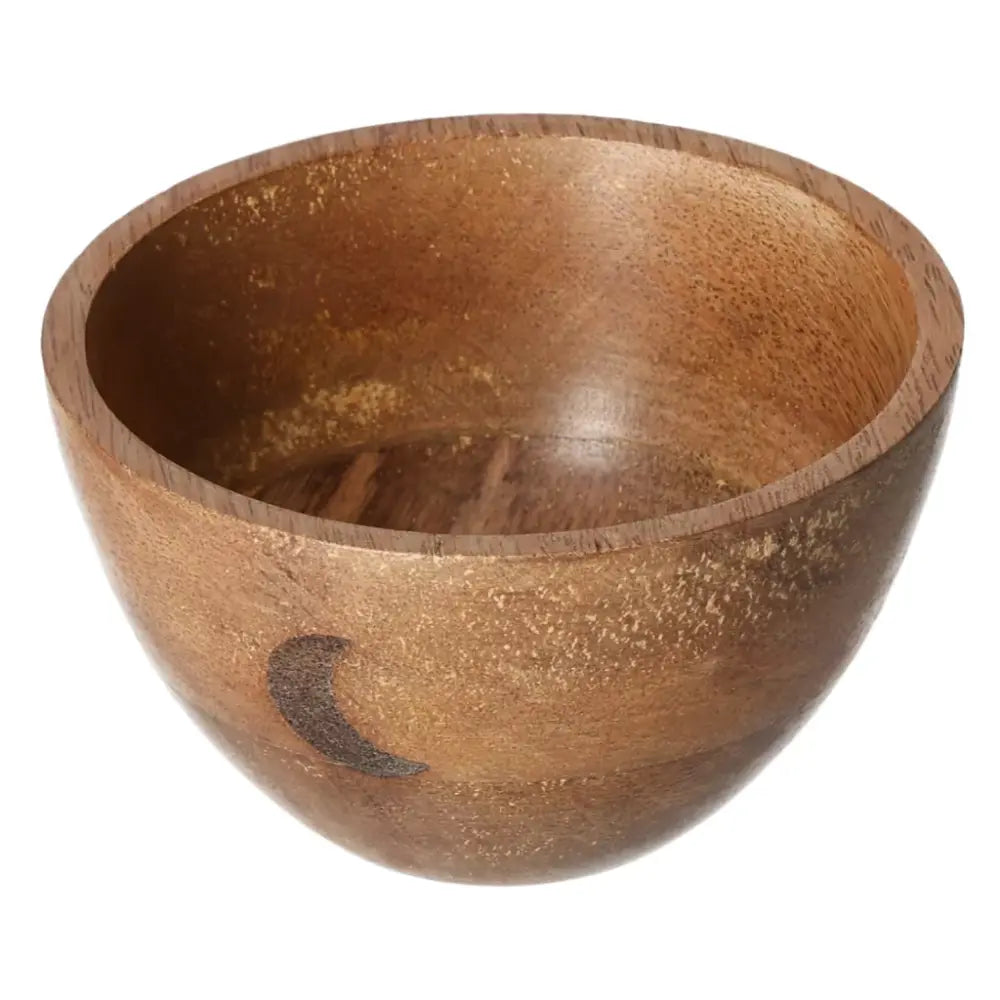 Wooden smudge and ritual offerings bowl featuring three moon design, measuring 11x7cm.