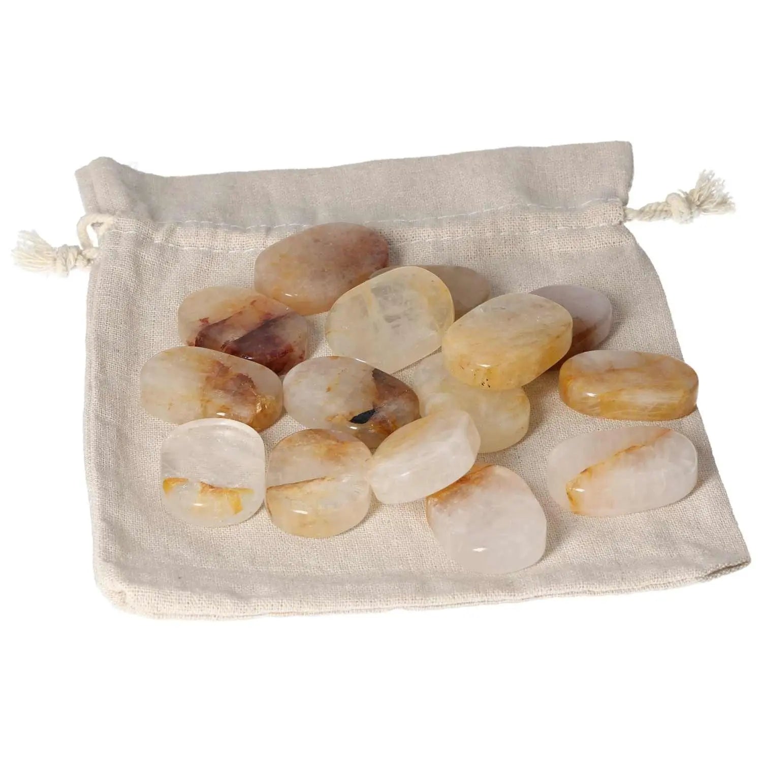 Collection of Yellow Hematoide Thumb Massagers in a White Pouch, ideal for stress relief and energy grounding from Sylvia Crystals.