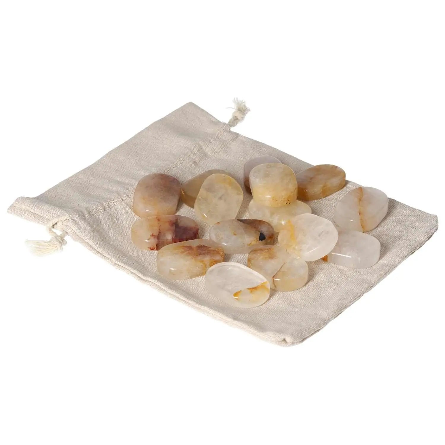 Yellow Hematoide stones on canvas pouch, perfect for stress relief and grounding, premium quality from Sylvia Crystals.