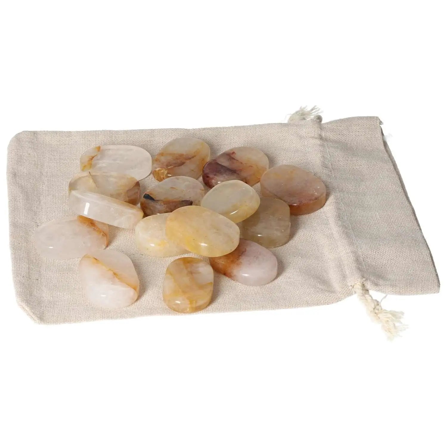 Assorted Yellow Hematoide Thumb Massagers on a drawstring pouch, enhancing stress relief with natural crystal energy.