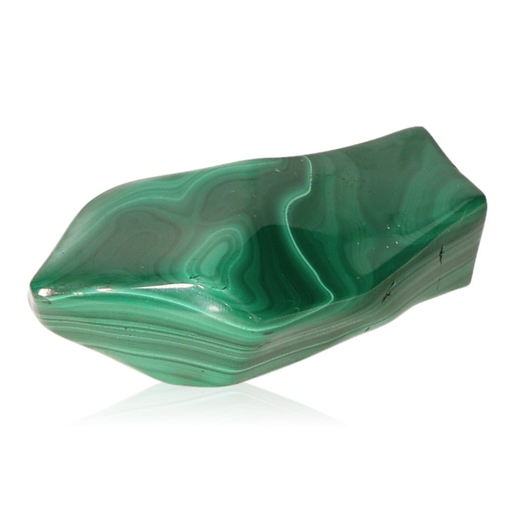 Polished malachite stone displaying vibrant green bands, known for its soothing and energizing properties.