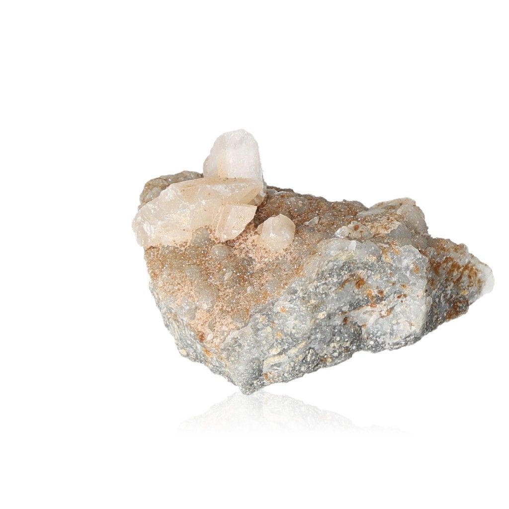 Stilbite crystal on raw stone, showcasing natural serenity and inspiration from Sylvia Crystals, perfect for calming energy and creativity.