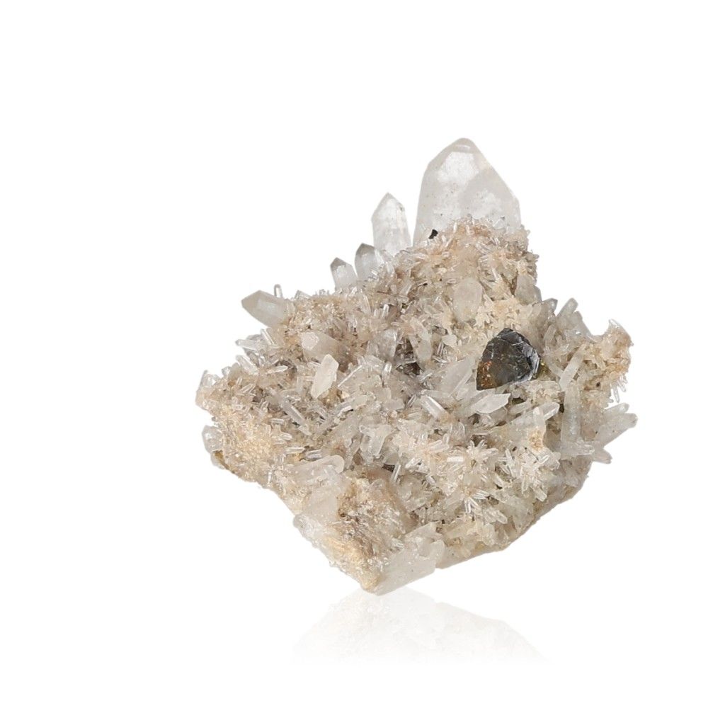 Quartz crystal cluster with sphalerite and chalcopyrite minerals, featuring unique characteristics and spiritual properties.