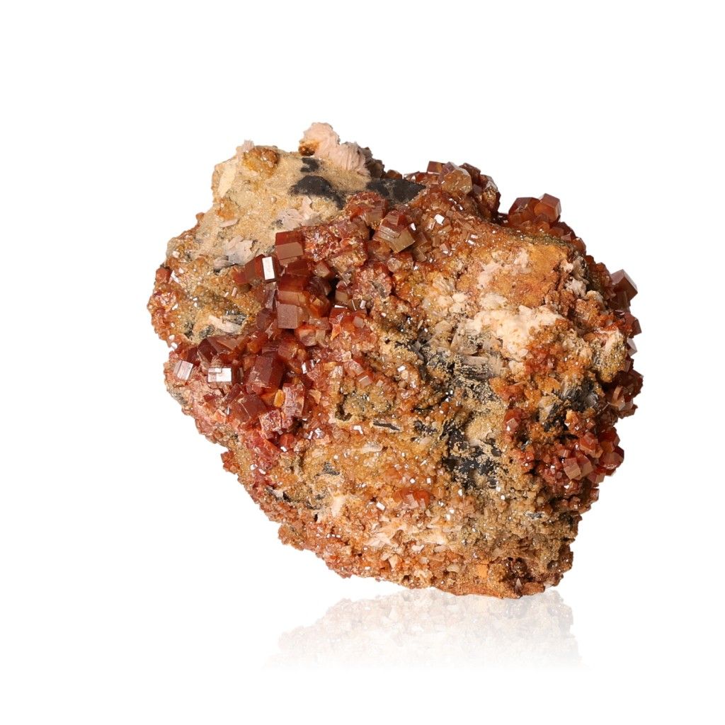 Vanadinite Druze with vibrant reddish-orange hexagonal crystals on a glassy surface, enhancing focus and motivation.