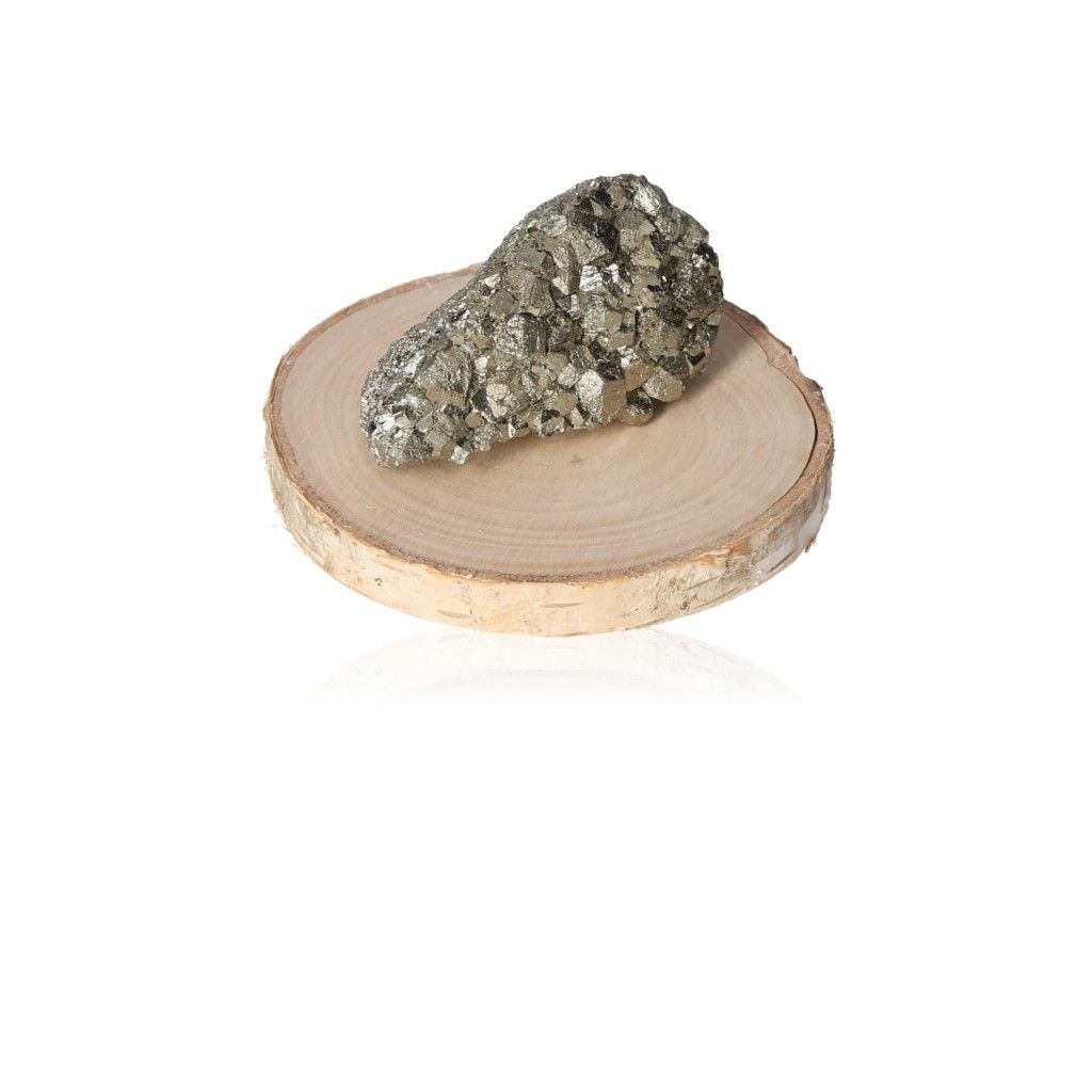 Pyrite druzy stone on wood slice, enhances independence and courage, ideal for motivation and goal achievement.