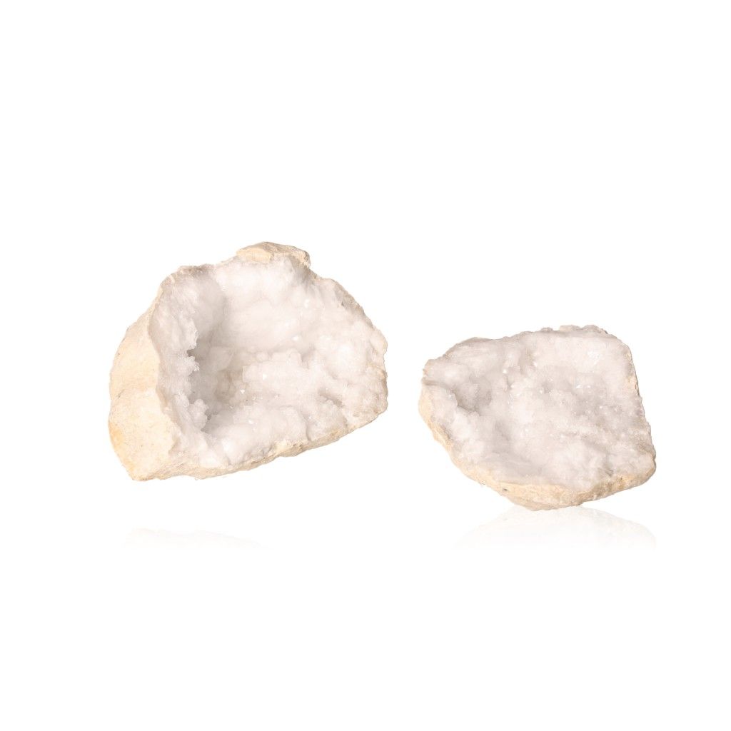 Milky quartz geode with sparkling white crystals, perfect for energy cleansing, focus enhancement, and inviting positive vibrations.