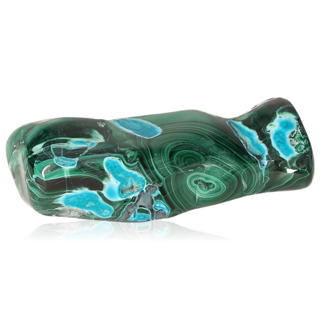 Blue Chrysocolla with Malachite gemstone showcasing vibrant blue and green patterns, symbolizing tranquility and transformation.