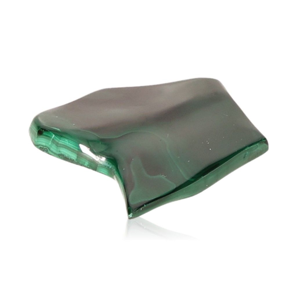 Polished malachite stone with deep green hue, known for soothing energy and promoting courage and optimism.