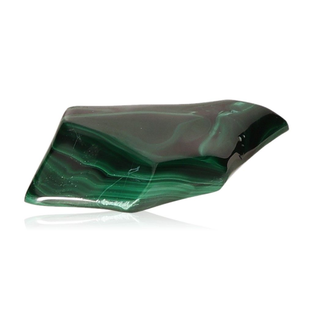 Polished green malachite stone with unique patterns, known for soothing energy and promoting courage and optimism.