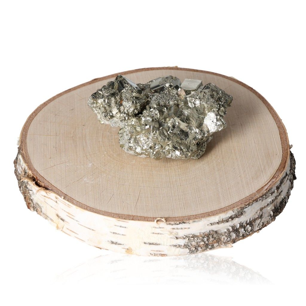 Pyrite druzes on wooden slab, supports mental and material independence, stimulates action, motivation, and courage.