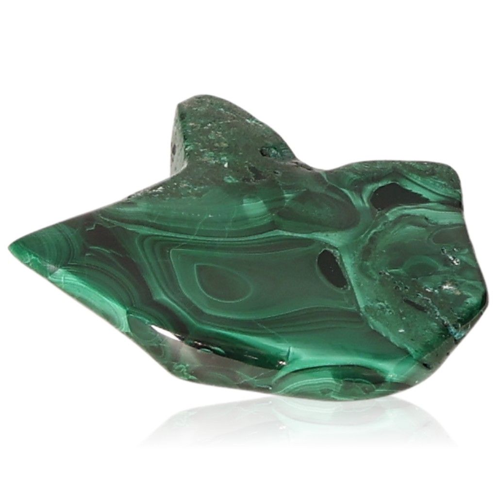 Polished green malachite stone with unique patterns, known for its soothing energy and ability to promote inner harmony and optimism.