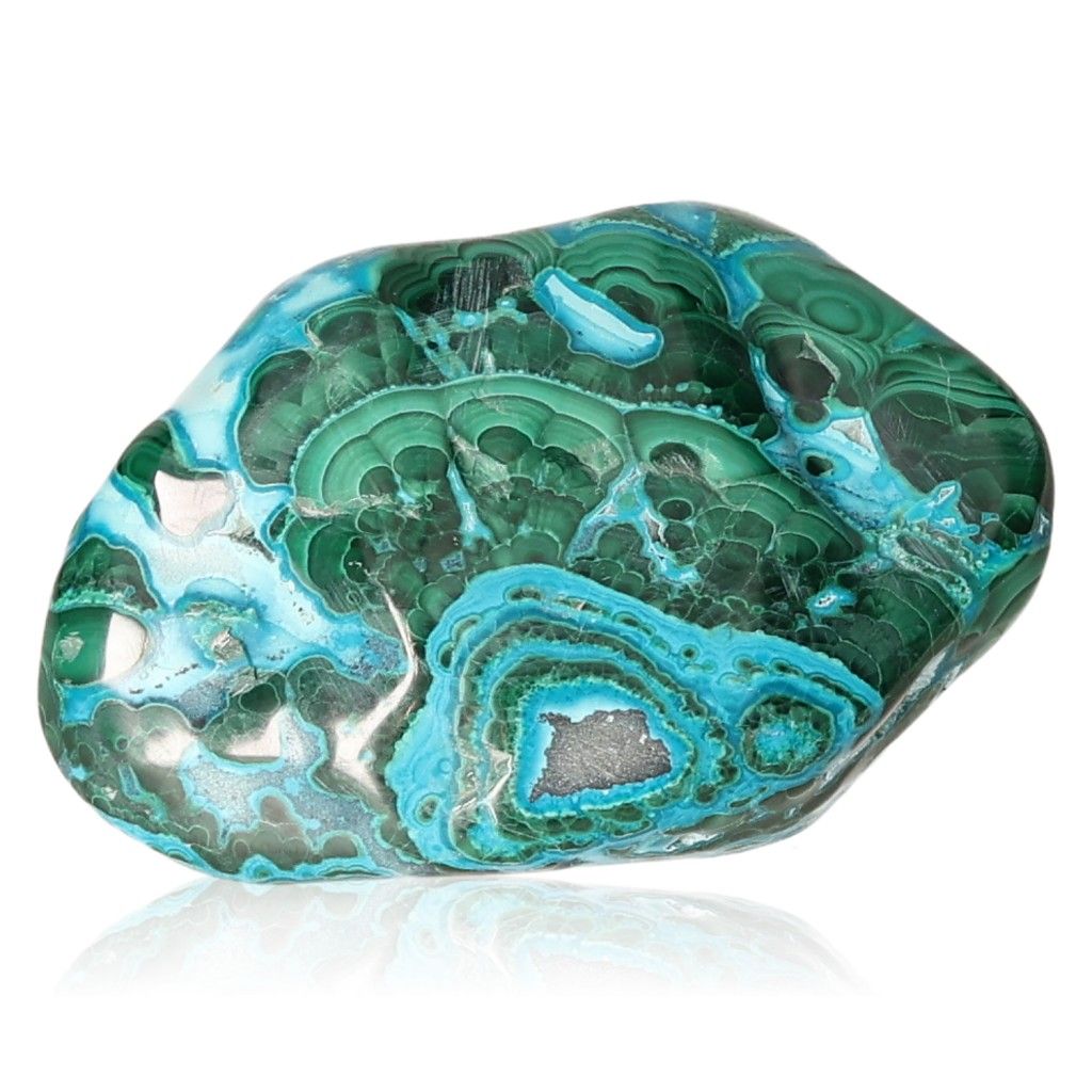 Blue Chrysocolla with Malachite gemstone showcasing calming and transformative properties for balance and tranquility.