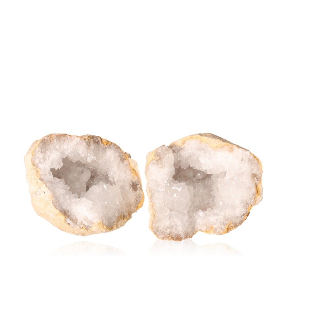 Milky quartz geode pair with sparkling cloudy white crystals and rugged shell, perfect for energy balance and purification.