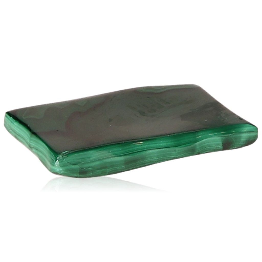 Polished malachite slab with rich green hues, known for its soothing energy and ability to inspire courage and hope.