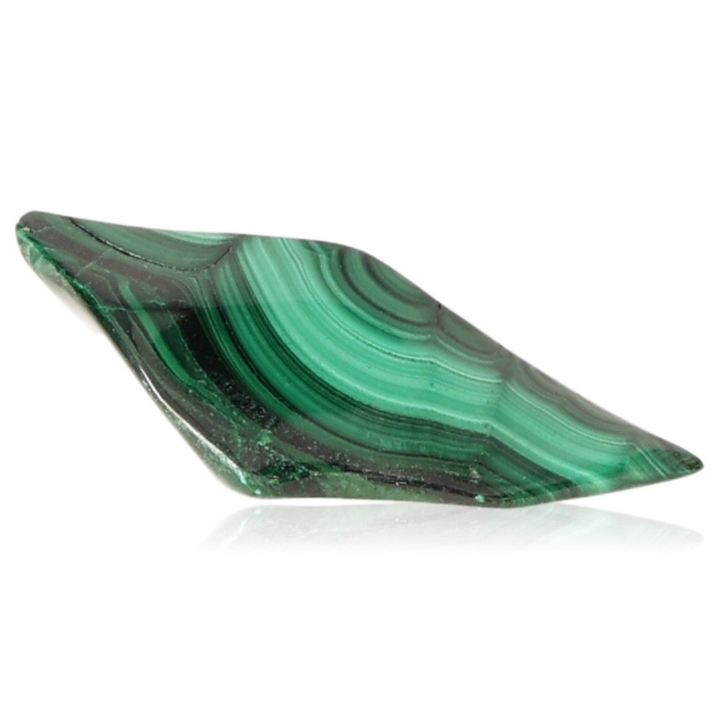 Malachite stone with green banding, symbolizing calming and energizing properties, supports courage and inner harmony.