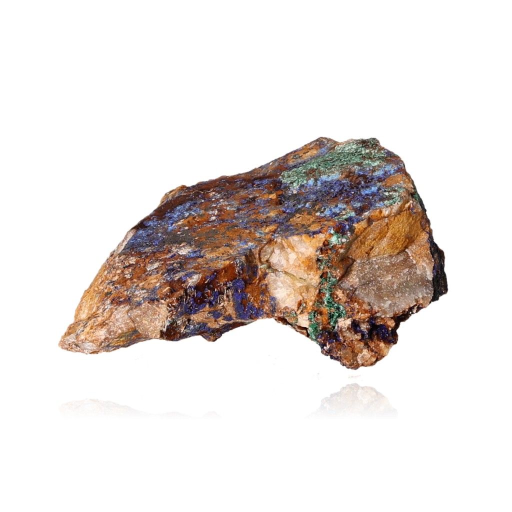 Azurite with malachite stone showcasing blue and green patterns on a white background, ideal for collectors and spiritual growth seekers.