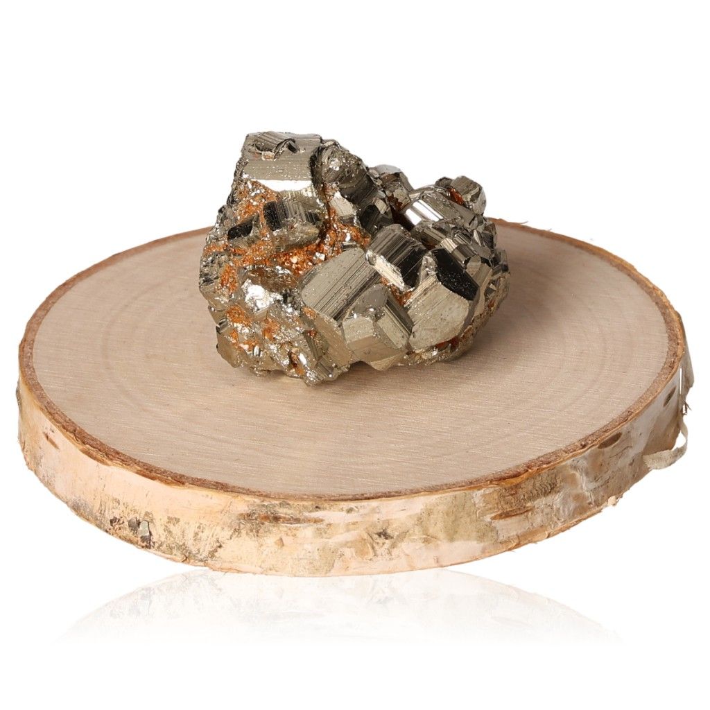 Pyrite druzy crystal on wooden base, inspiring independence and courage, ideal for motivation and achieving goals.