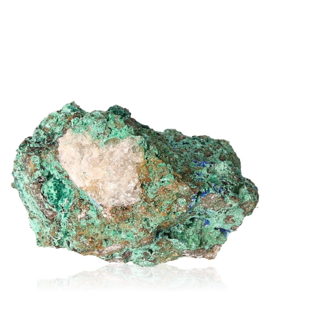 Malachite druze with green hues, known for soothing energy, promoting courage, optimism, and inner harmony against a white background.