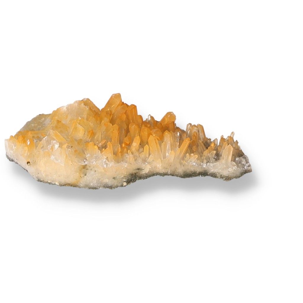 Quartz crystal with iron oxide, orange hues, unique properties for chakras and zodiacs, supporting energetic and spiritual needs.