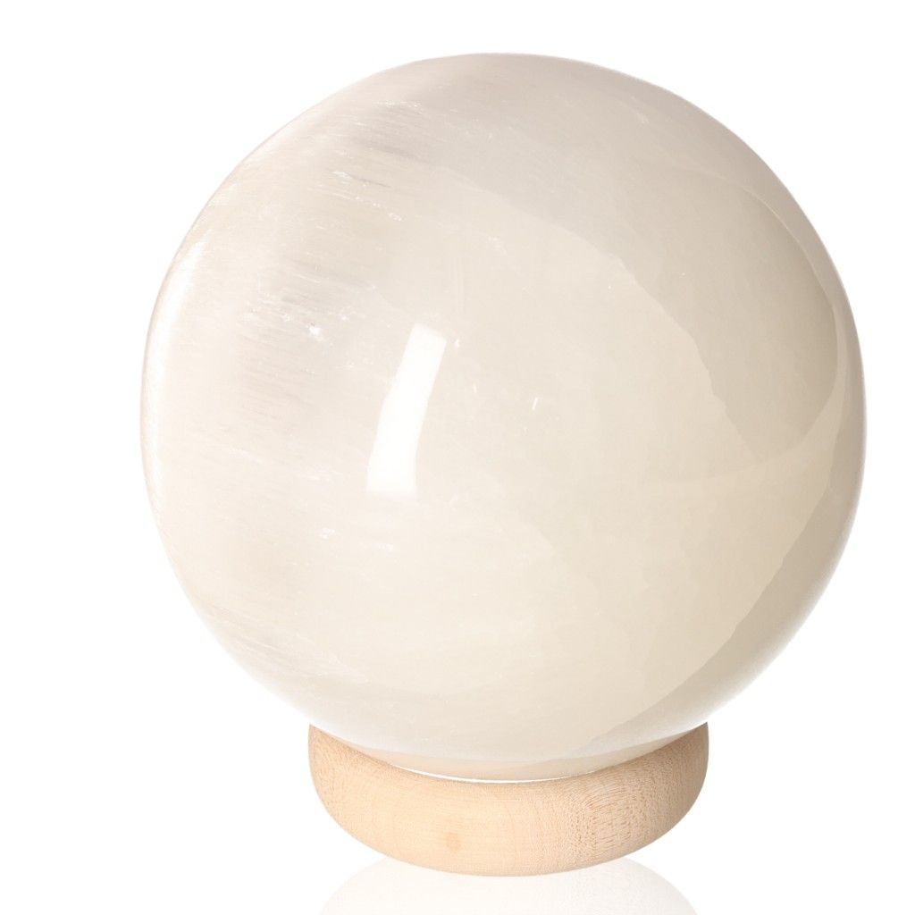 Selenite sphere by Sylvia Crystals, 14cm diameter, ethically sourced for mindful living and spiritual growth.