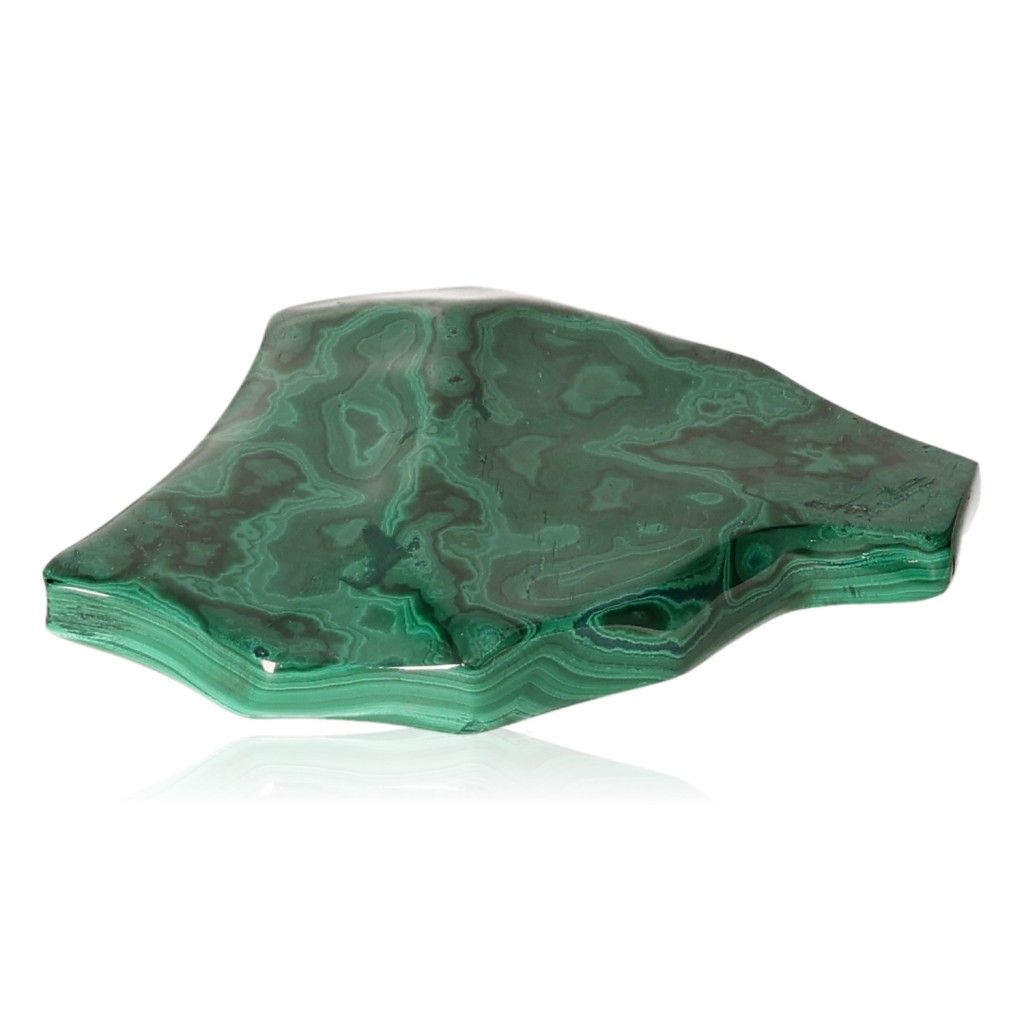 Polished green malachite stone with swirling patterns, symbolizing courage and hope, known for its soothing and energizing properties.