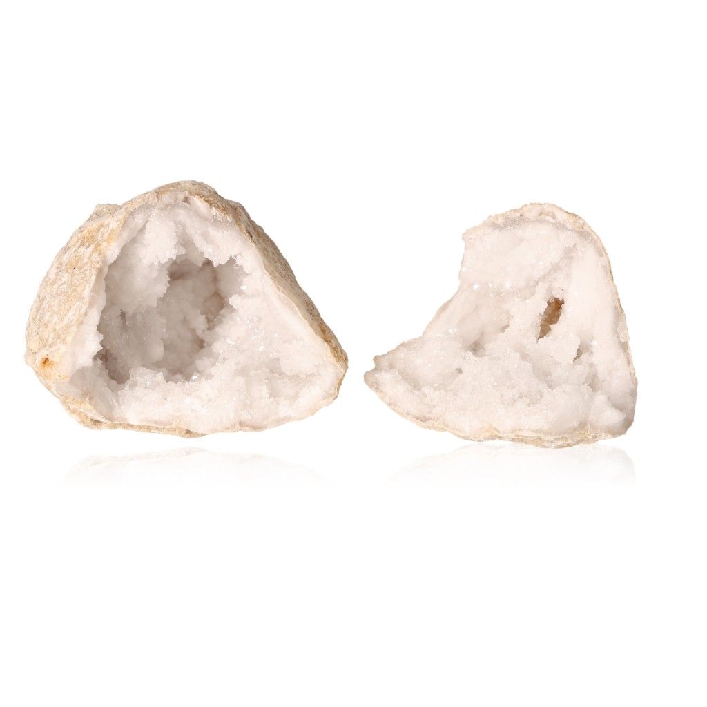 Quartz geode with milky white crystals, open to reveal sparkling interior, known for purifying and amplifying energy, promotes tranquility.