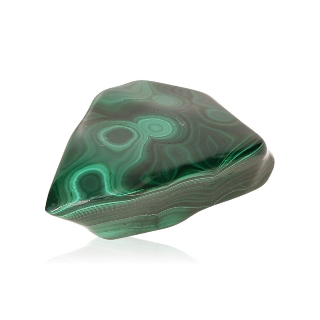 Malachite stone with swirling green patterns, known for soothing energy, courage, and promoting inner harmony and optimism.