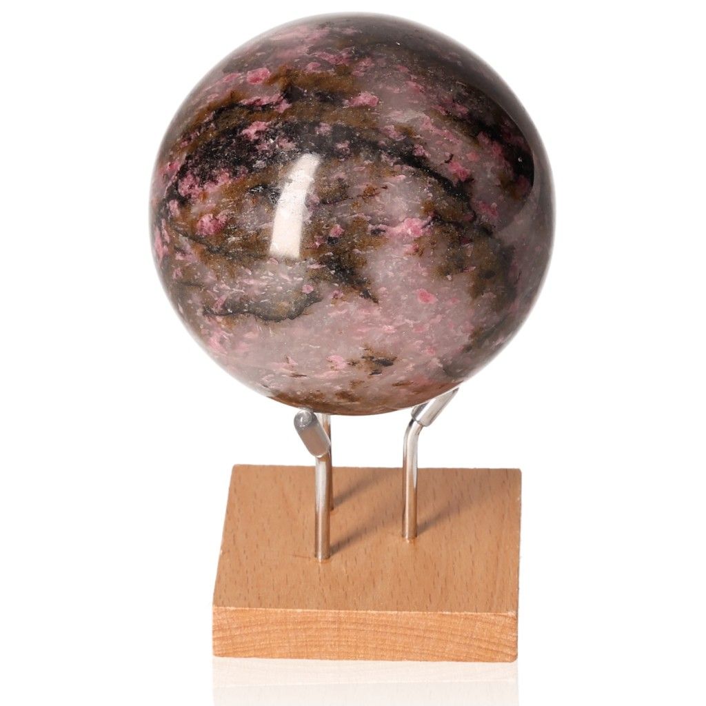 Rhodonite with Quartz Sphere on Stand - Healing Crystal for Physical, Emotional, and Spiritual Growth