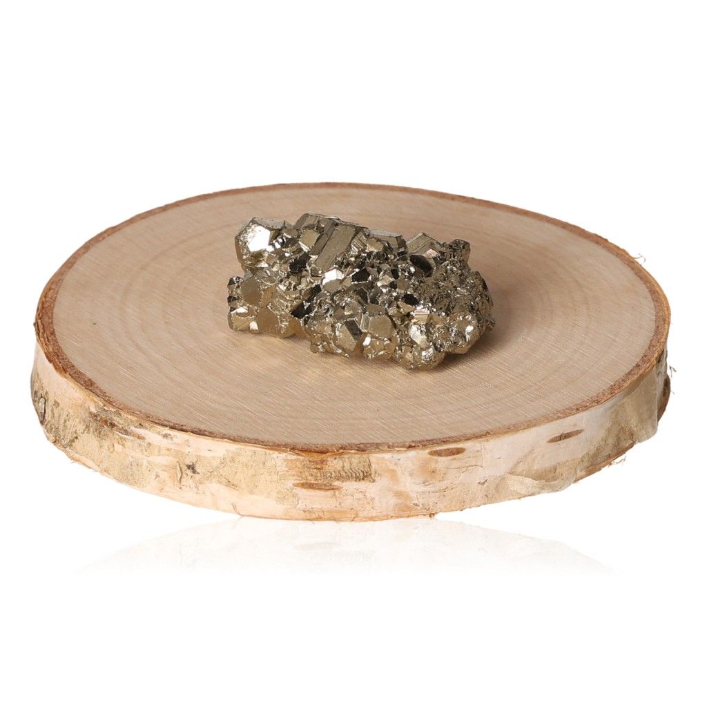 Pyrite druzy on wooden base, promotes courage and idea generation, boosts action and independence.