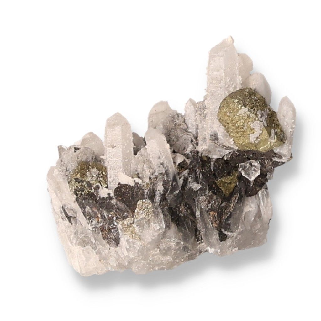 Quartz with chalcopyrite displaying unique color variations and properties for chakras and zodiac spiritual support.