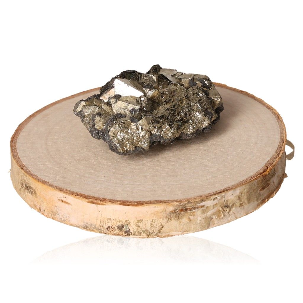 Pyrite druze on wooden base, inspiring new ideas and courage for personal growth and goal achievement.