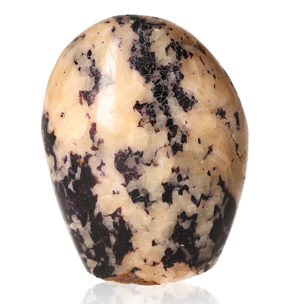 Polished beige and black marbled mineral stone on white background.