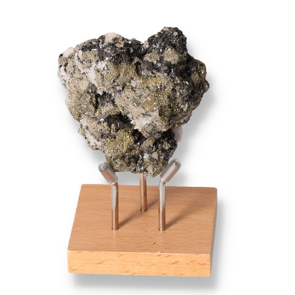 Detailed sphalerite with pyrite mineral on display stand, highlighting its unique formation and color variations.